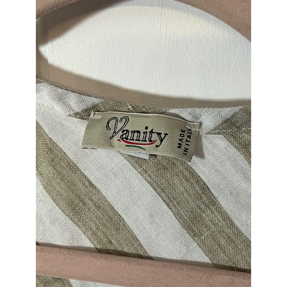 Vanity Tank Top XL Made in Italy Diagonal Stripe Tan White Linen Sleeveless - Picture 6 of 7